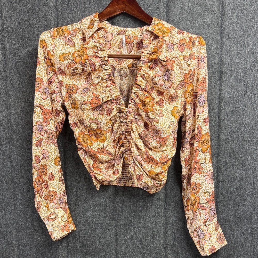 FP Movement by Free People Floral Ruffle Blouse - Orange and Purple